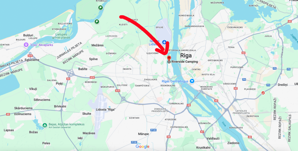 Karte von Riga mit der Lage des Campingplatz Riga