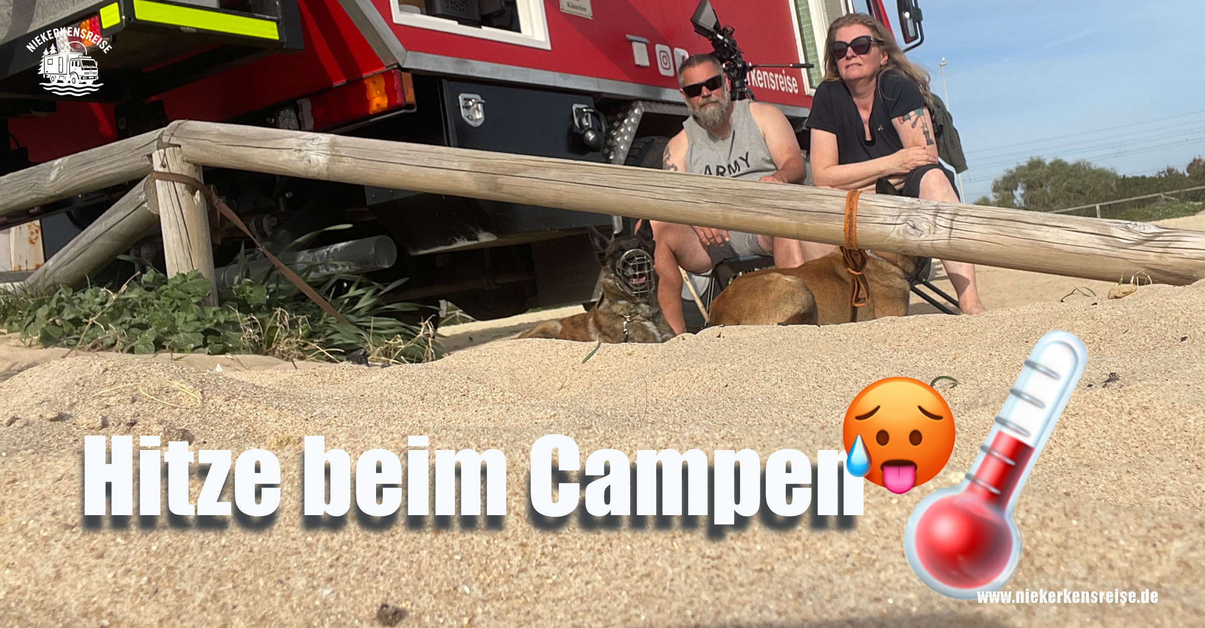 Anja und Lars im Schatten mit Hund Elvis – Tipps gegen Hitze beim Camping im Wohnmobil Mercedes Benz 1224