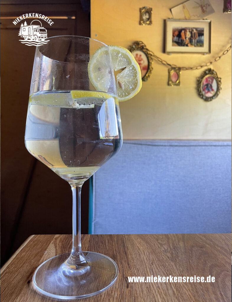 Erfrischendes Wasser mit Zitronenscheiben im Glas – Trink-Tipp gegen Hitze beim Camping und Vanlife