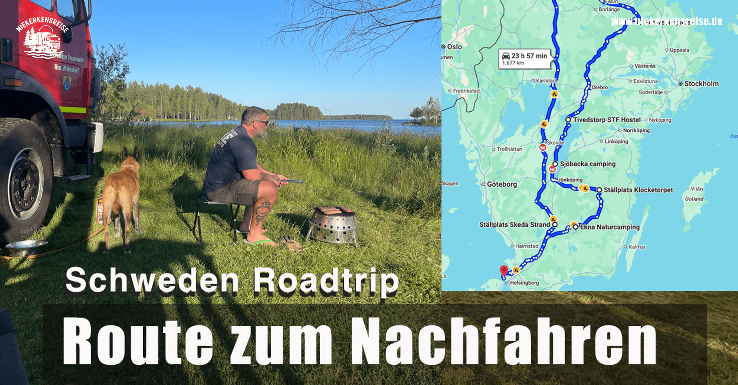 Schweden Roadtrip Schweden Roadtrip mit selbst ausgebautem Feuerwehr-LKW – Camping am See und Karte der kompletten Südschweden-Route zum Nachfahren.