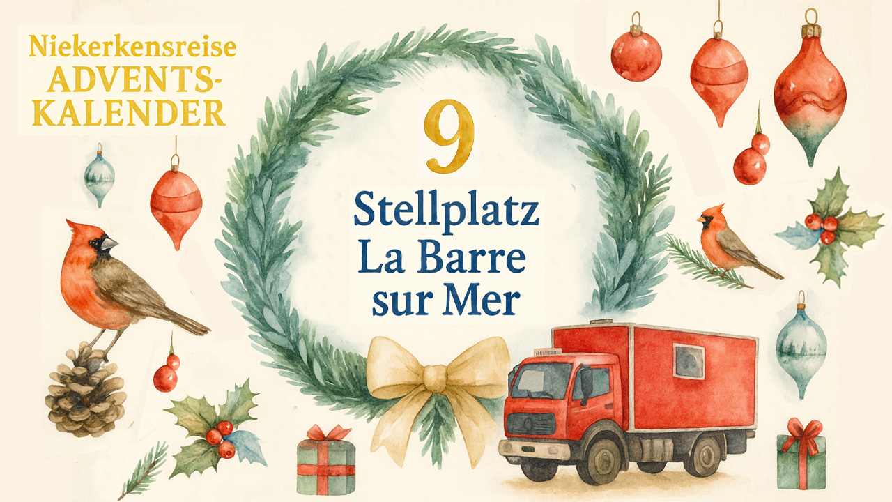 Wohnmobil-Adventskalender-9 Weihnachtliches Aquarellmotiv des Niekerkensreise-Adventskalenders mit Kranz und der Zahl 9, dem Schriftzug ‚La Barre sur Mer‘, roten Kardinalvögeln, Weihnachtsschmuck, Geschenken und einem roten Wohnmobil.