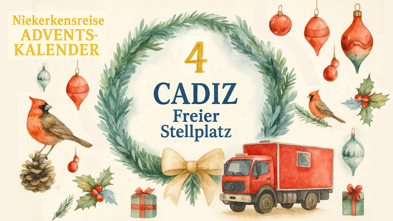 Wohnmobil-Adventskalender4 Weihnachtliches Aquarellmotiv des Niekerkensreise-Adventskalenders mit Kranz und der Zahl 3, dem Schriftzug ‚Cadiz - Freier Stellplatz‘, roten Kardinalvögeln, Weihnachtsschmuck, Geschenken und einem roten Wohnmobil.“