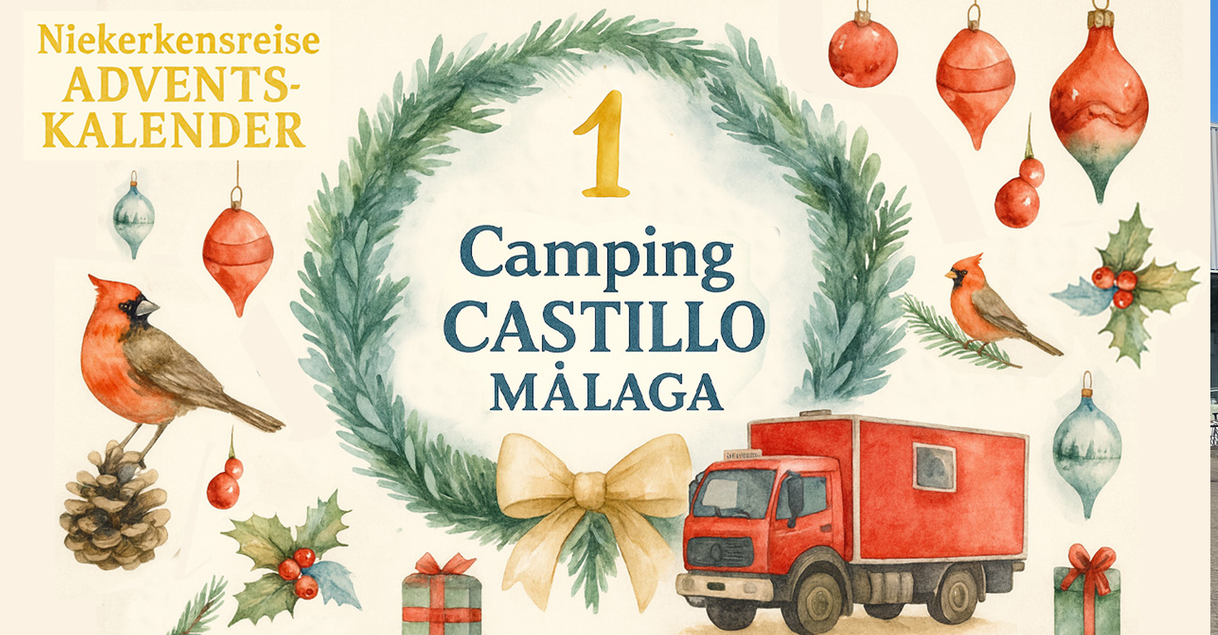 Weihnachtlich gestaltetes Titelbild des Niekerkensreise-Adventskalenders mit Aquarell-Illustrationen: Kranz mit Zahl 1, Text ‚Camping Castillo Málaga‘, roten Kardinalvögeln, Christbaumkugeln und rotem Wohnmobil.