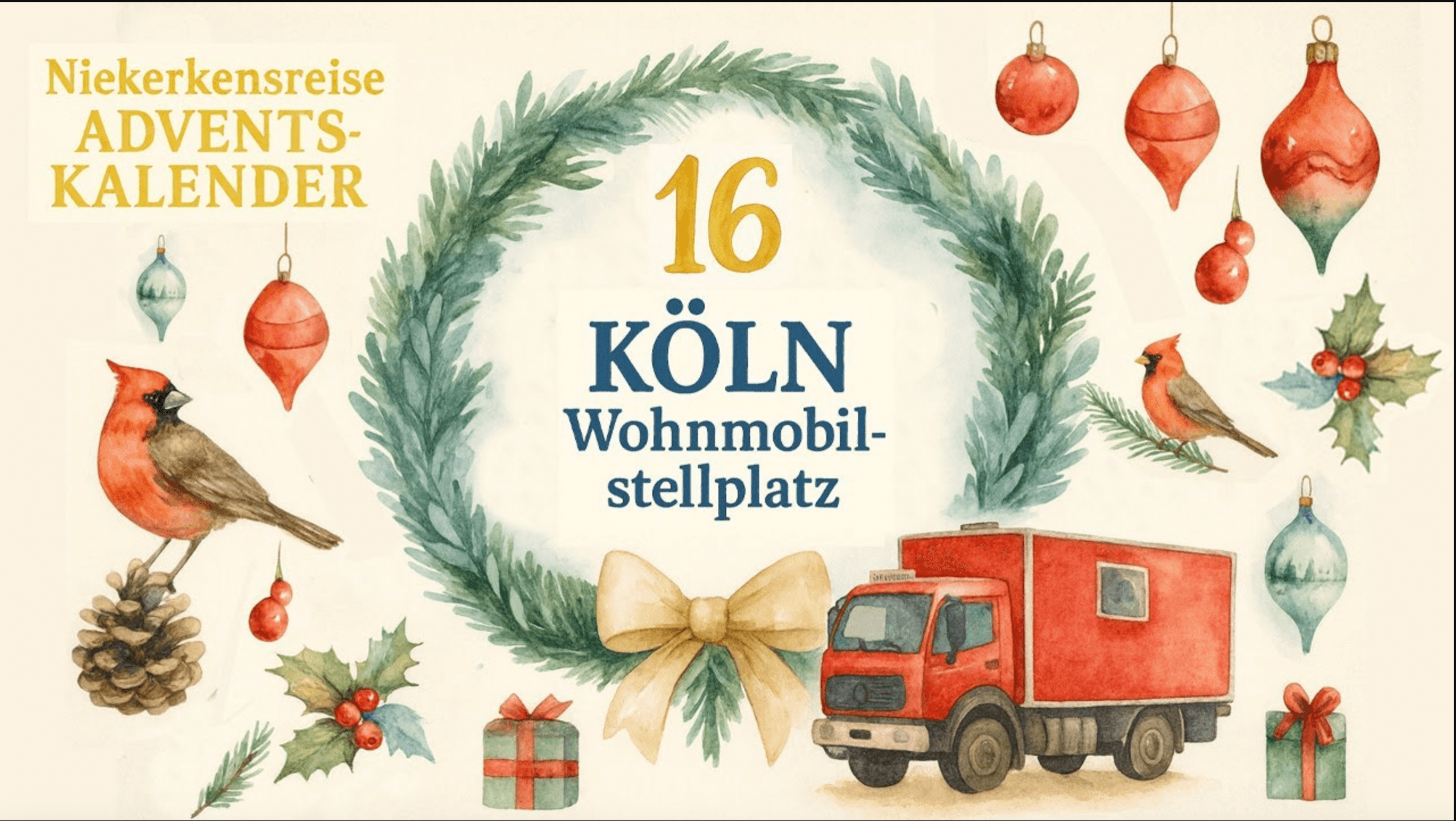 Bildschirmfoto 2025-12-14 um 07.05.31 Weihnachtliches Aquarellmotiv des Niekerkensreise-Adventskalenders mit Kranz und der Zahl 16, dem Schriftzug ‚Köln - Wohnmobilstellplatz‘, roten Kardinalvögeln, Weihnachtsschmuck, Geschenken und einem roten Wohnmobil.