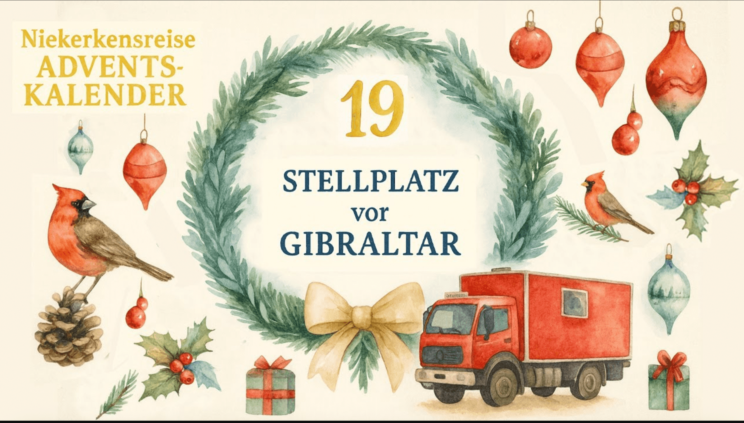 Weihnachtliches Aquarellmotiv des Niekerkensreise-Adventskalenders mit Kranz und der Zahl 19, dem Schriftzug ‚Stellplatz vor Gibraltar‘, roten Kardinalvögeln, Weihnachtsschmuck, Geschenken und einem roten Wohnmobil.