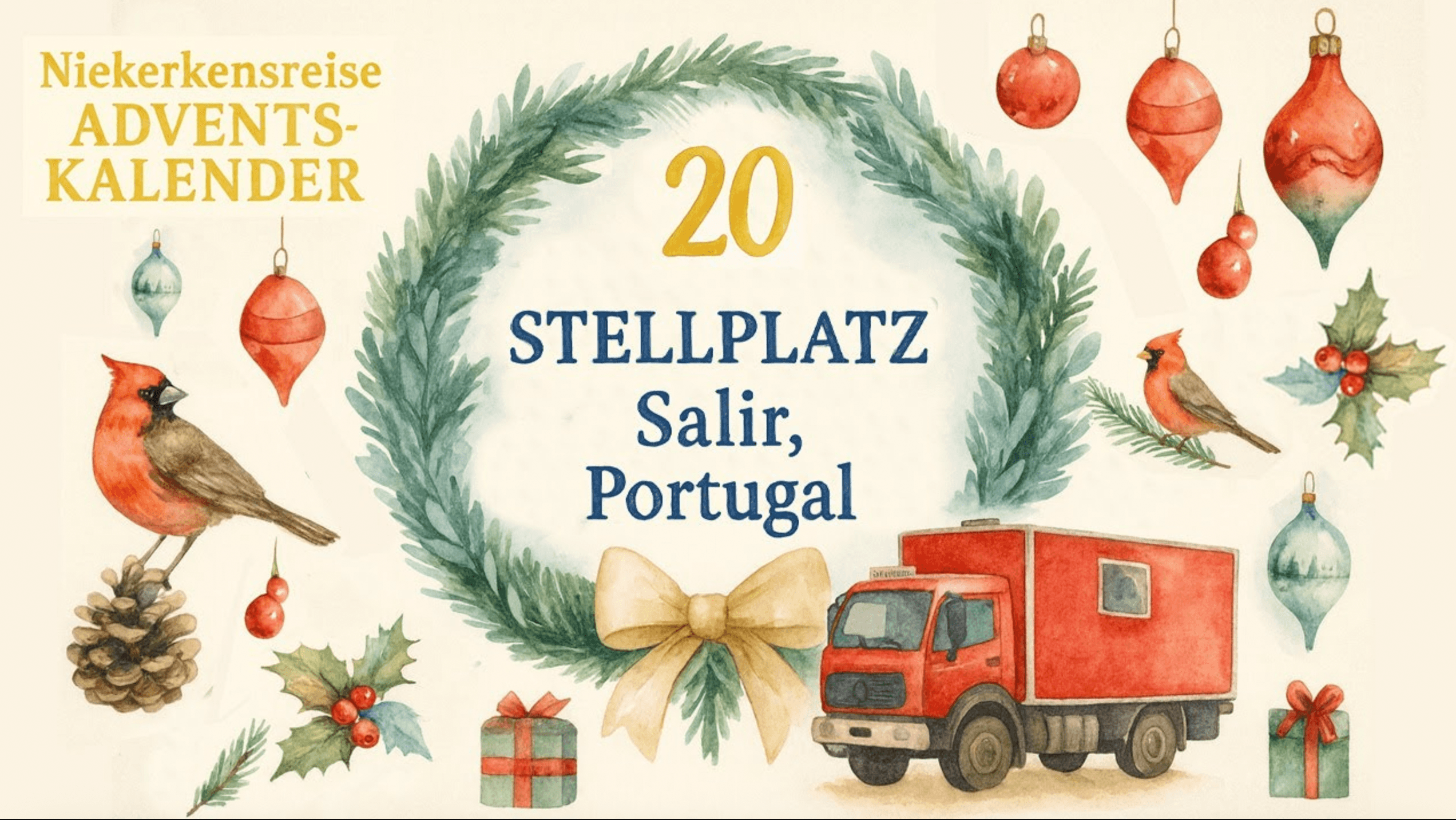 Weihnachtliches Aquarellmotiv des Niekerkensreise-Adventskalenders mit Kranz und der Zahl 20, dem Schriftzug ‚Stellplatz Salir Portugal‘, roten Kardinalvögeln, Weihnachtsschmuck, Geschenken und einem roten Wohnmobil.