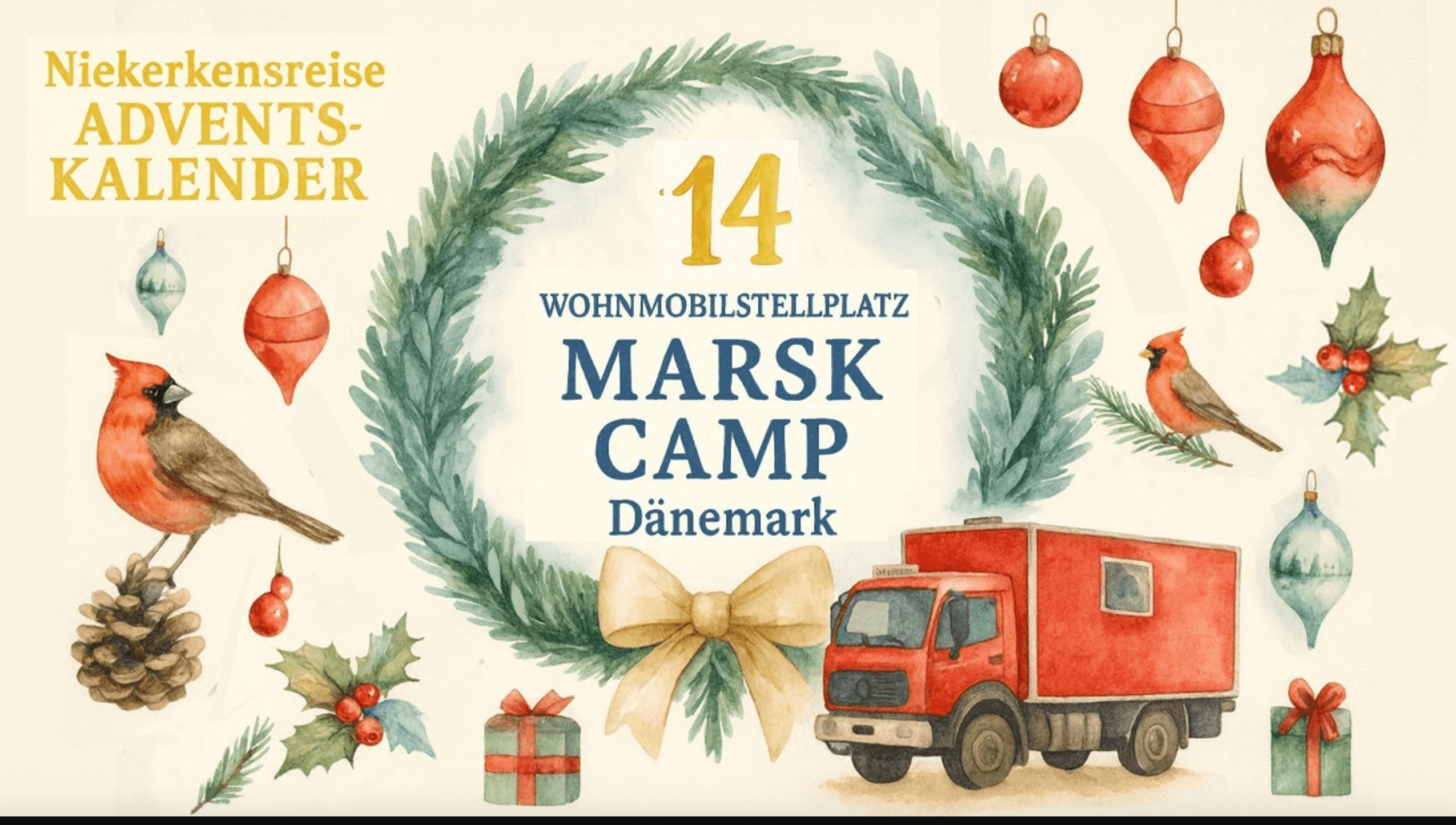 Wohnmobilstellplatz-Tipp Weihnachtliches Aquarellmotiv des Niekerkensreise-Adventskalenders mit Kranz und der Zahl 14, dem Schriftzug ‚Wohnmobilstellplatz Marsk Camp Dänemark‘, roten Kardinalvögeln, Weihnachtsschmuck, Geschenken und einem roten Wohnmobil.