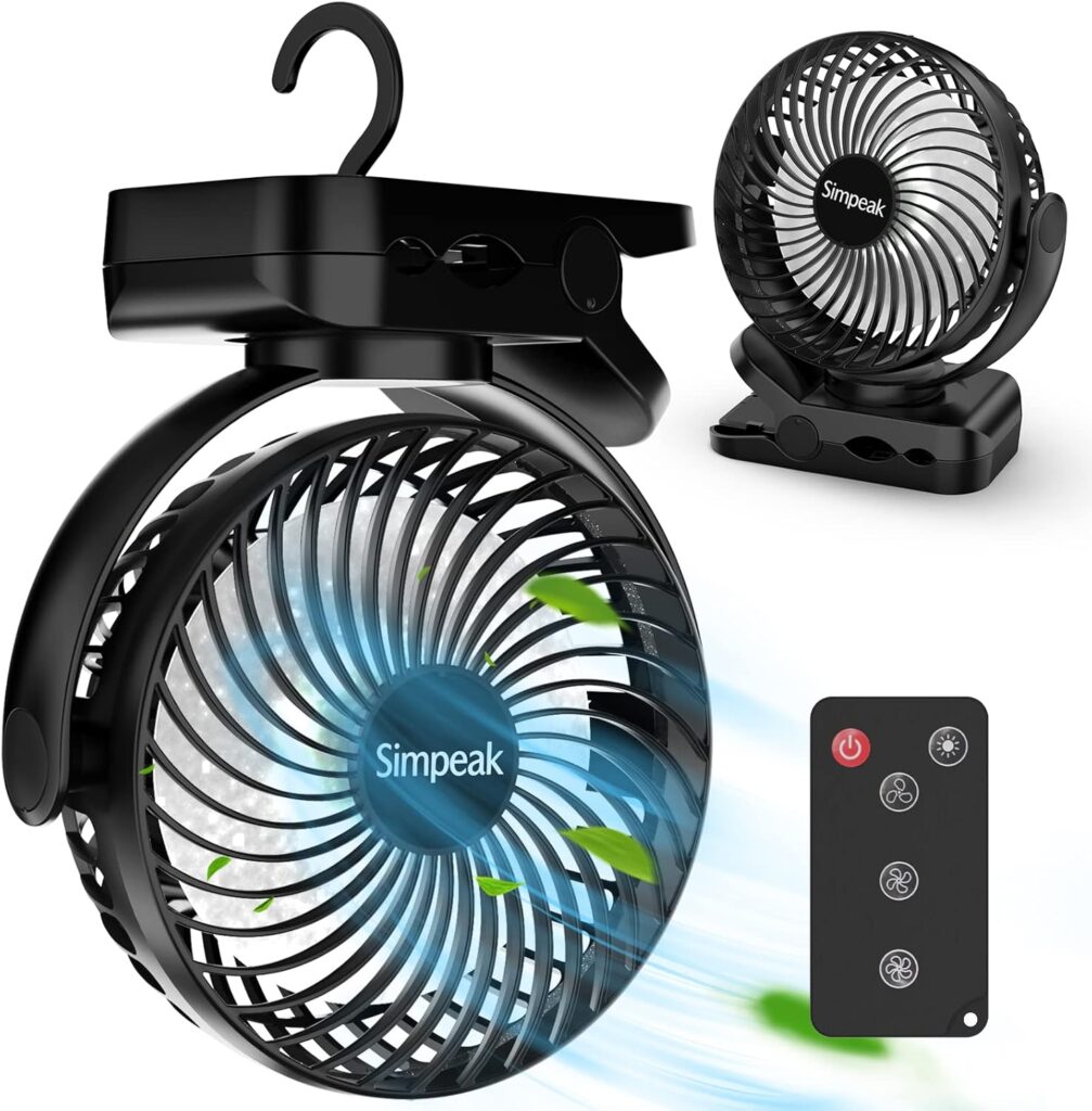 Akku-USB-Ventilator mit Fernbedienung, Standfuß und Aufhängehaken als mobile Kühlung für Wohnmobil, Camper und Vanlife.