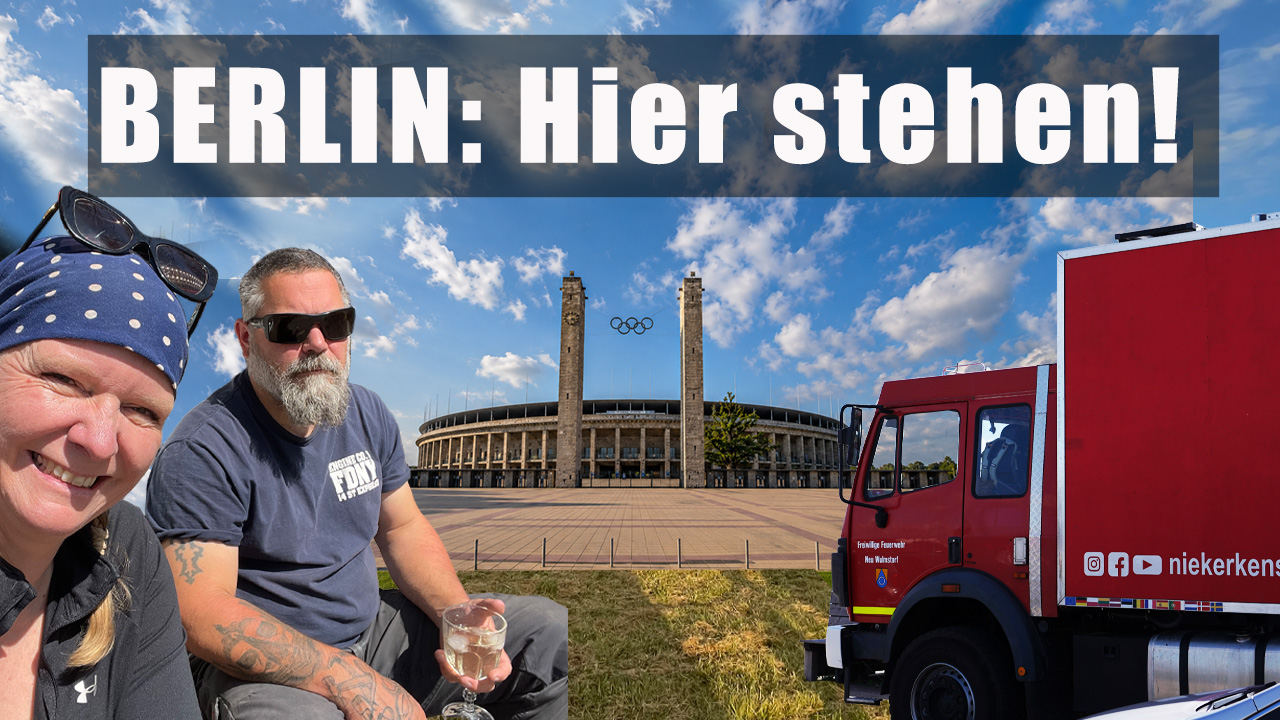 Wohnmobil-Stellplatz Berlin am Olympiastadion Wohnmobil-Stellplatz in Berlin am Olympiastadion – Anja und Lars von Niekerkensreise mit Expeditionsmobil vor dem Olympiastadion Berlin