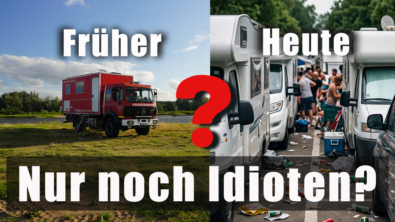 Thumbnail zum Blogartikel über den Campingboom: Links ein frei stehendes Expeditionswohnmobil auf einer Wiese mit dem Schriftzug „Früher“, rechts ein überfüllter Wohnmobil-Stellplatz mit Müll und dem Schriftzug „Heute – Nur noch Idioten?“