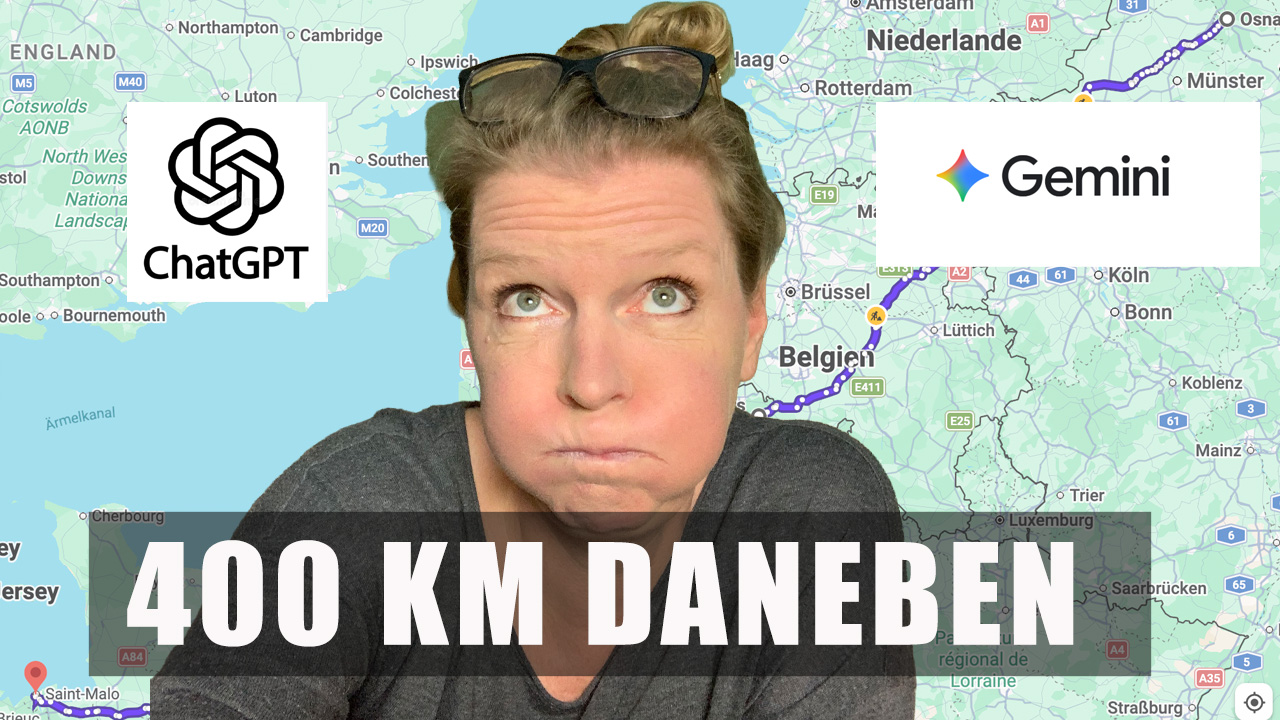 Frau blickt ratlos zwischen ChatGPT und Gemini. Im Hintergrund zeigt eine Karte die Route von Osnabrück nach Saint-Malo. Das Bild verdeutlicht, wie beide KI-Systeme bei der Wohnmobil-Routenplanung um bis zu 400 Kilometer danebenliegen.