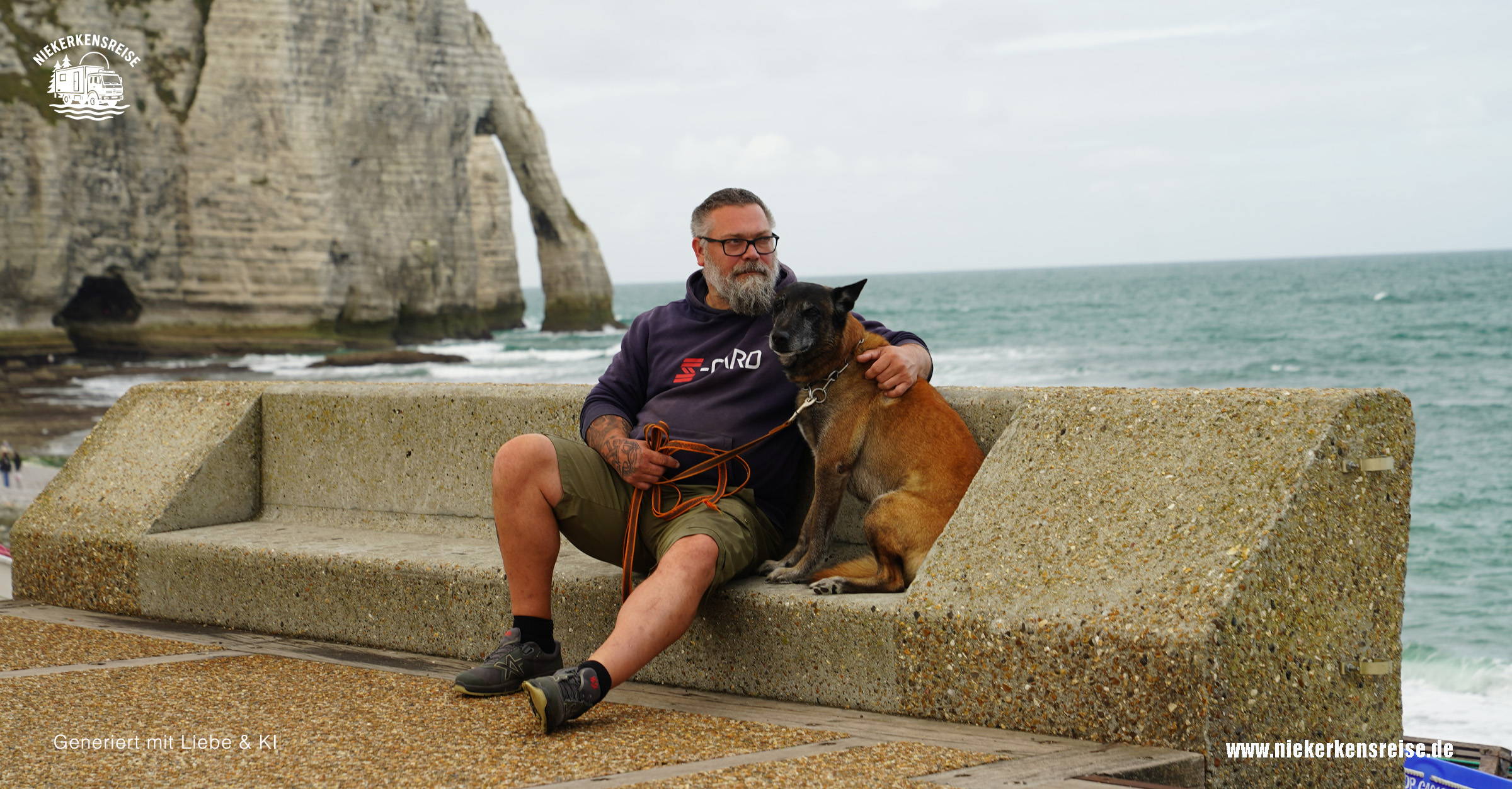 Lars sitzt mit Hund Elvis auf einer Steinbank an der Strandpromenade von Étretat in der Normandie. Im Hintergrund ragen die berühmten weißen Kreidefelsen mit dem natürlichen Felsbogen Porte d’Aval aus dem Meer.