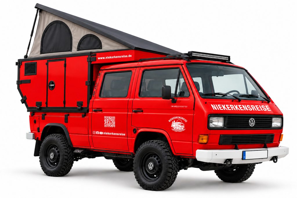Feuerwehrroter VW T3 Syncro Doka mit fest verbauter Wohnkabine, nach hinten aufgestelltem Hubdach, Geländereifen und weißer Stoßstange. KI-generierte Visualisierung unseres geplanten Elektrocampers.
