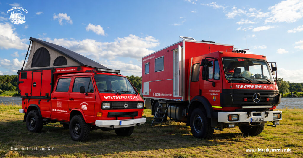 Feuerwehrroter VW T3 Syncro Doka mit Elektroantrieb, fest verbauter Wohnkabine und aufgestelltem Hubdach neben dem Mercedes-Benz 1224 AF Expeditionsmobil von Niekerkensreise.