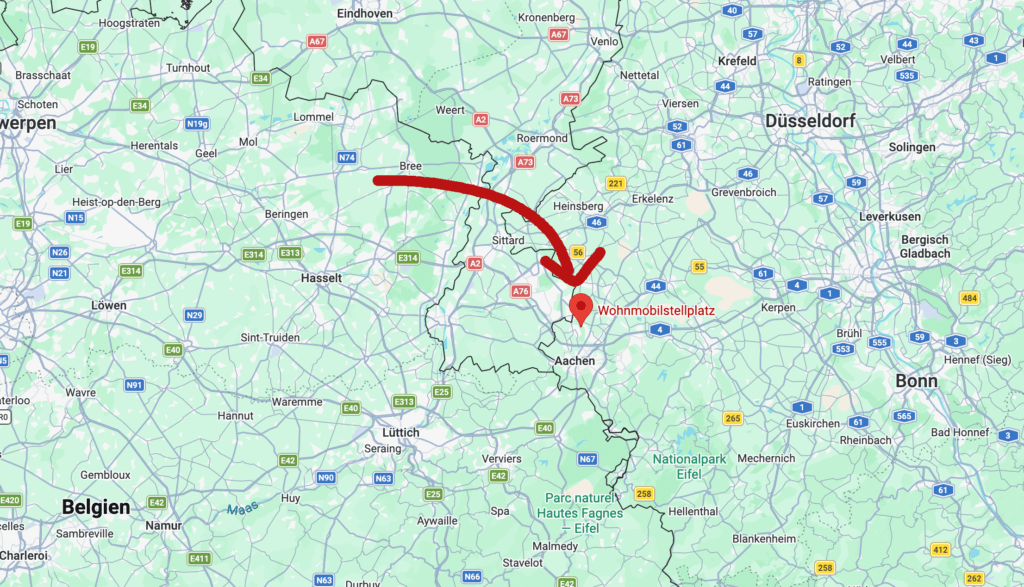 Karte mit Lage des Wohnmobilstellplatzes Burg Wilhelmstein in Würselen bei Aachen