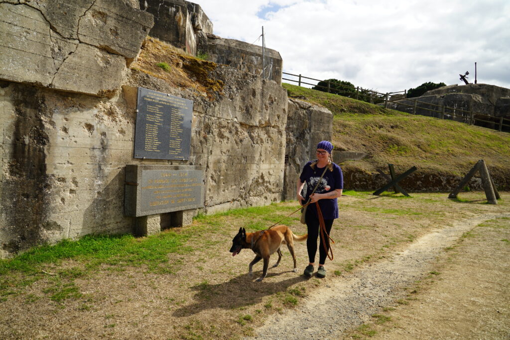 Besuch der historischen Bunkeranlagen am Mémorial 39–45 auf der Halbinsel Alet in Saint-Malo, Bretagne. Spaziergang mit Hund Elvis vor einer Gedenktafel zur Befreiung Saint-Malos 1944.