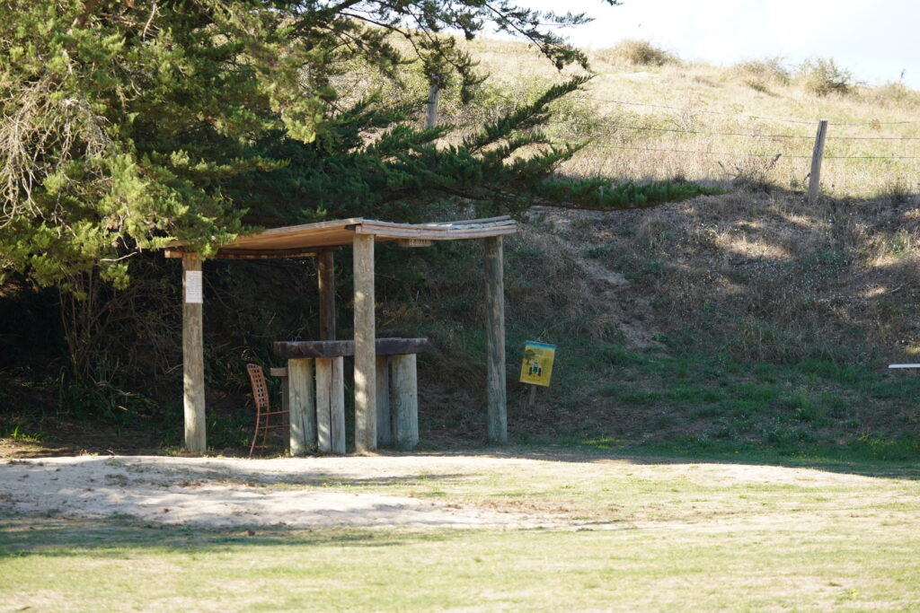 Einfacher überdachter Holzunterstand mit Stehtisch und Stuhl am privaten Wohnmobilstellplatz in Dragey-Ronthon in der Normandie. Im Hintergrund befinden sich bewachsene Dünen und Bäume.