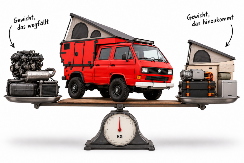 Gewichtsvergleich beim VW T3 Syncro Elektro-Umbau: Ein roter VW T3 Doka mit Wohnkabine steht auf einer Waage. Links liegen ausgebaute Verbrenner-Komponenten, rechts Elektromotor, Batterien und Campingausstattung.