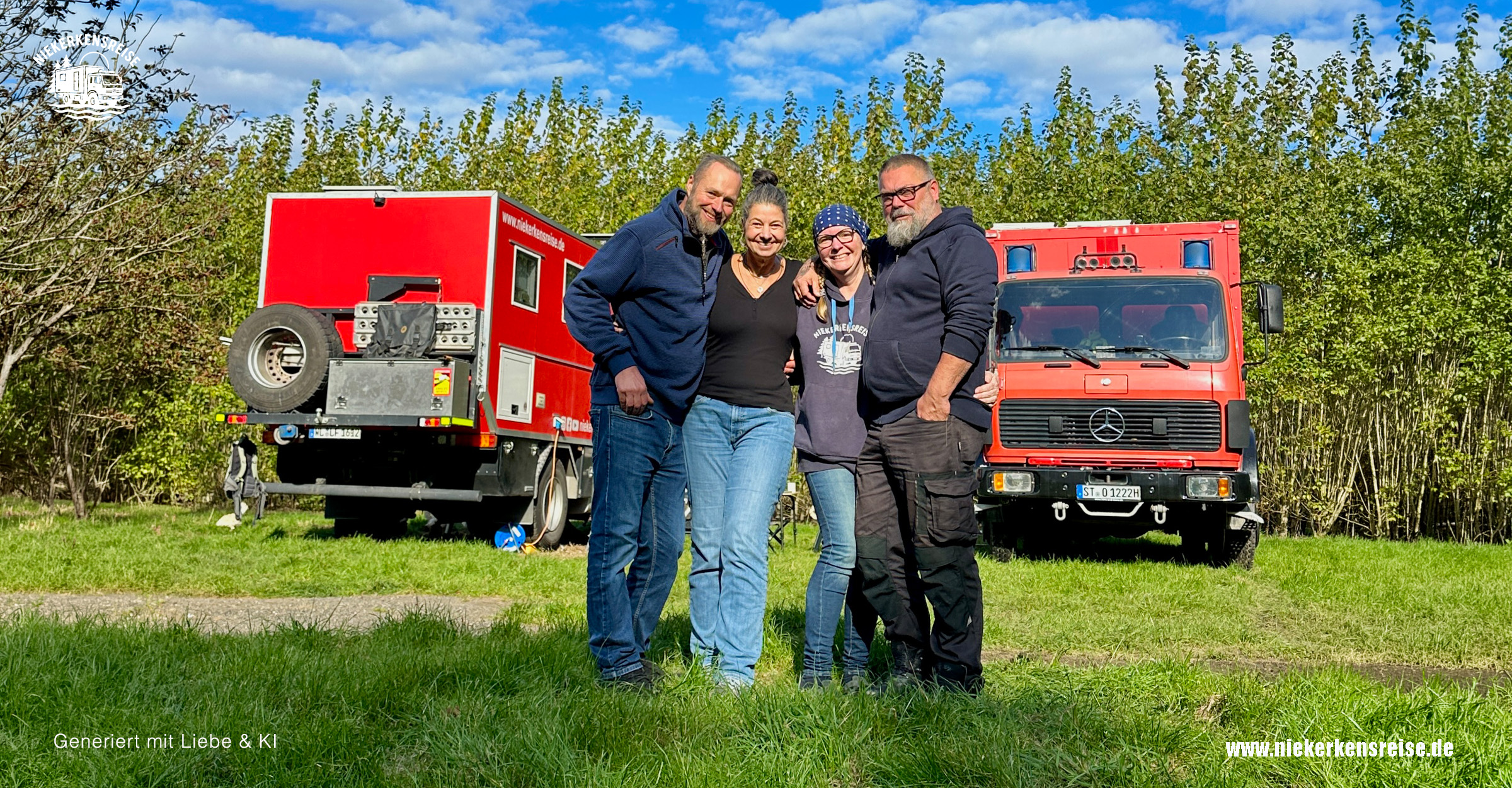 Katrin und Andre mit Niekerkensreise – Feuerwehr-LKW Otto trifft den Benz Katrin und Andre mit Anja und Lars von Niekerkensreise vor ihren beiden roten, selbst ausgebauten Feuerwehr-LKWs, darunter der Mercedes 1222 „Otto“.