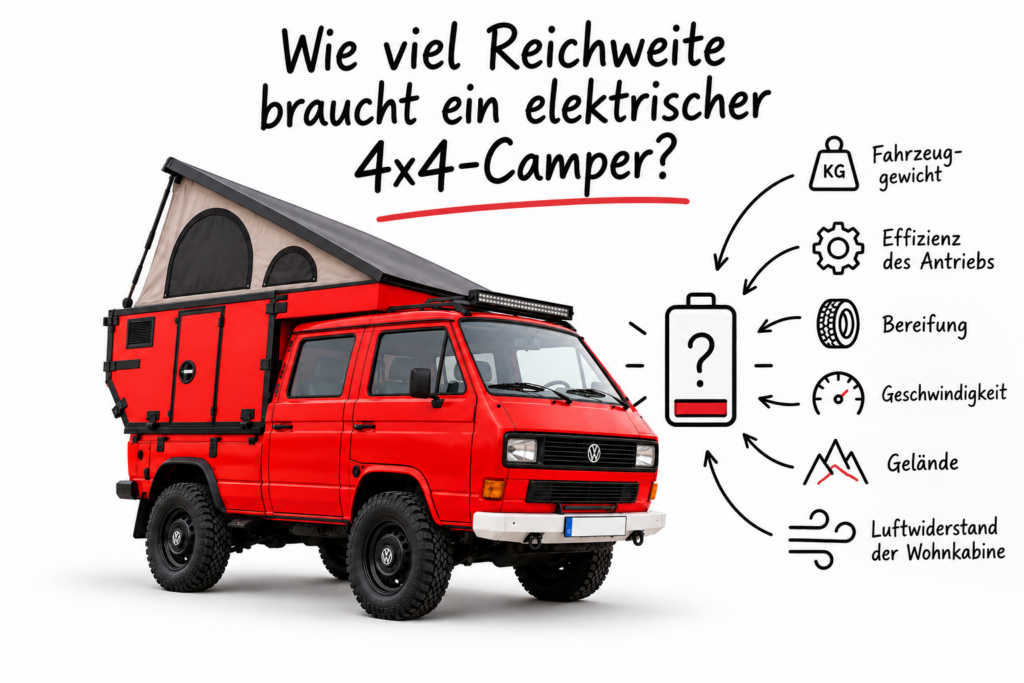 KI-generierte Infografik zur Reichweite eines elektrischen VW T3 Syncro 4x4-Campers. Neben dem roten VW T3 Doka mit Wohnkabine und Hubdach sind Einflussfaktoren wie Fahrzeuggewicht, Antrieb, Bereifung, Geschwindigkeit, Gelände und Luftwiderstand dargestellt.