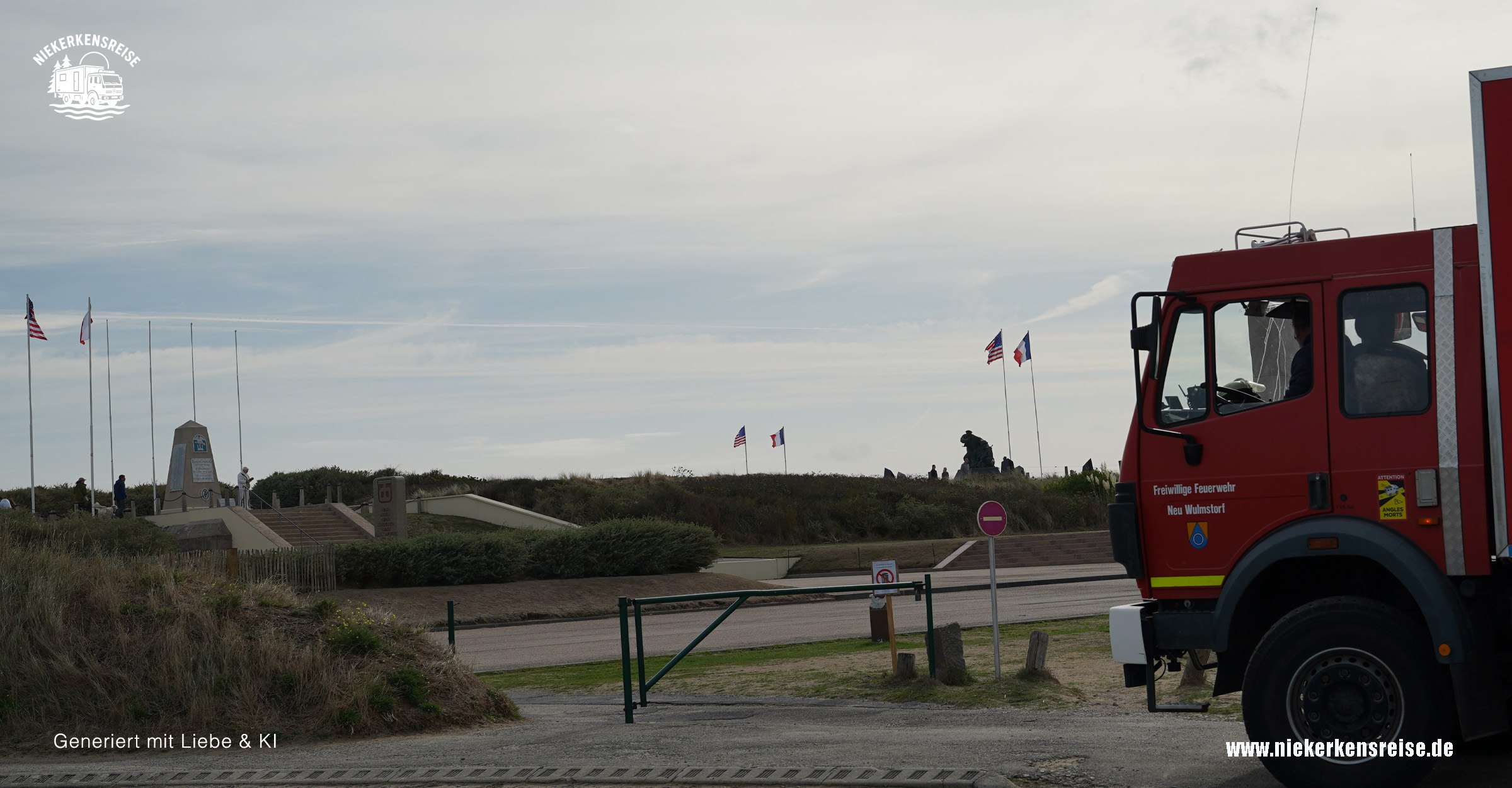 Utah Beach – Mit dem Wohnmobil am historischen Landungsstrand der Normandie Roter Mercedes-Benz Expeditions-LKW von Niekerkensreise am Utah Beach in der Normandie. Im Hintergrund stehen historische Denkmäler und amerikanische sowie französische Flaggen zur Erinnerung an die Landung der Alliierten am D-Day 1944.