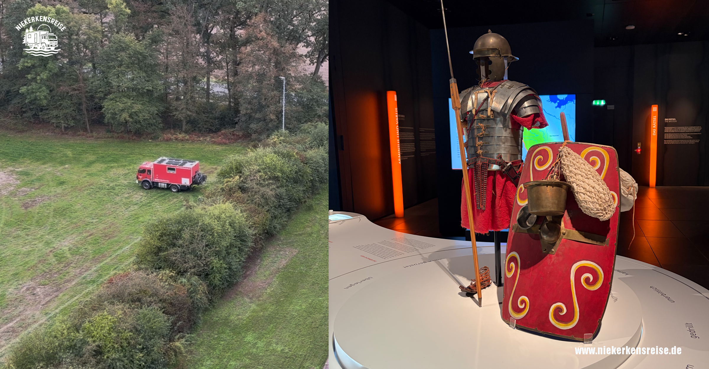 Wohnmobilstellplatz am Varusschlacht-Museum Kalkriese – kostenlos übernachten und Geschichte erleben Kostenloser Wohnmobilstellplatz am Varusschlacht-Museum in Kalkriese mit rotem Expeditions-LKW auf einer Wiese und Ausstellung römischer Legionärsausrüstung mit Schild und Rüstung.