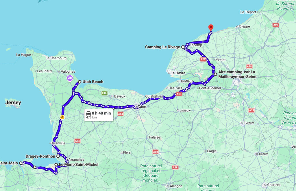 Karte unserer Wohnmobil-Route von Saint-Malo über Mont-Saint-Michel und Utah Beach entlang der Küste der Normandie bis Fécamp.